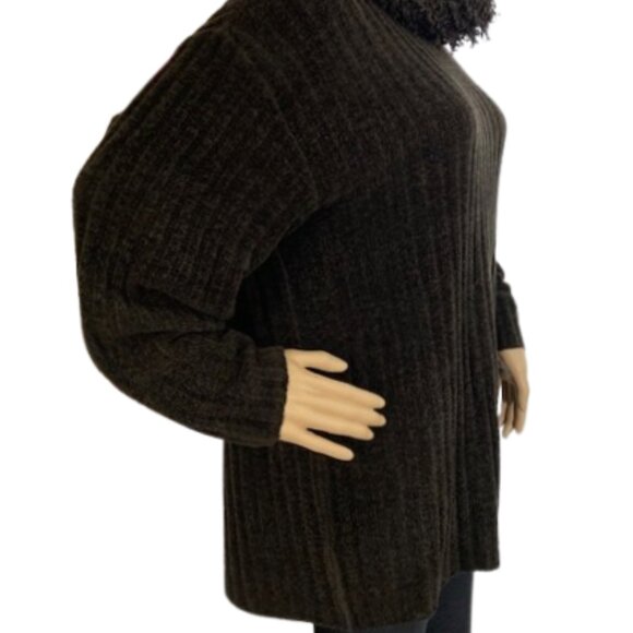 Olsen Chocolate Brown Ribbed Tunic Sweater with Fuzzy Cowl Neck - Picture 4 of 8